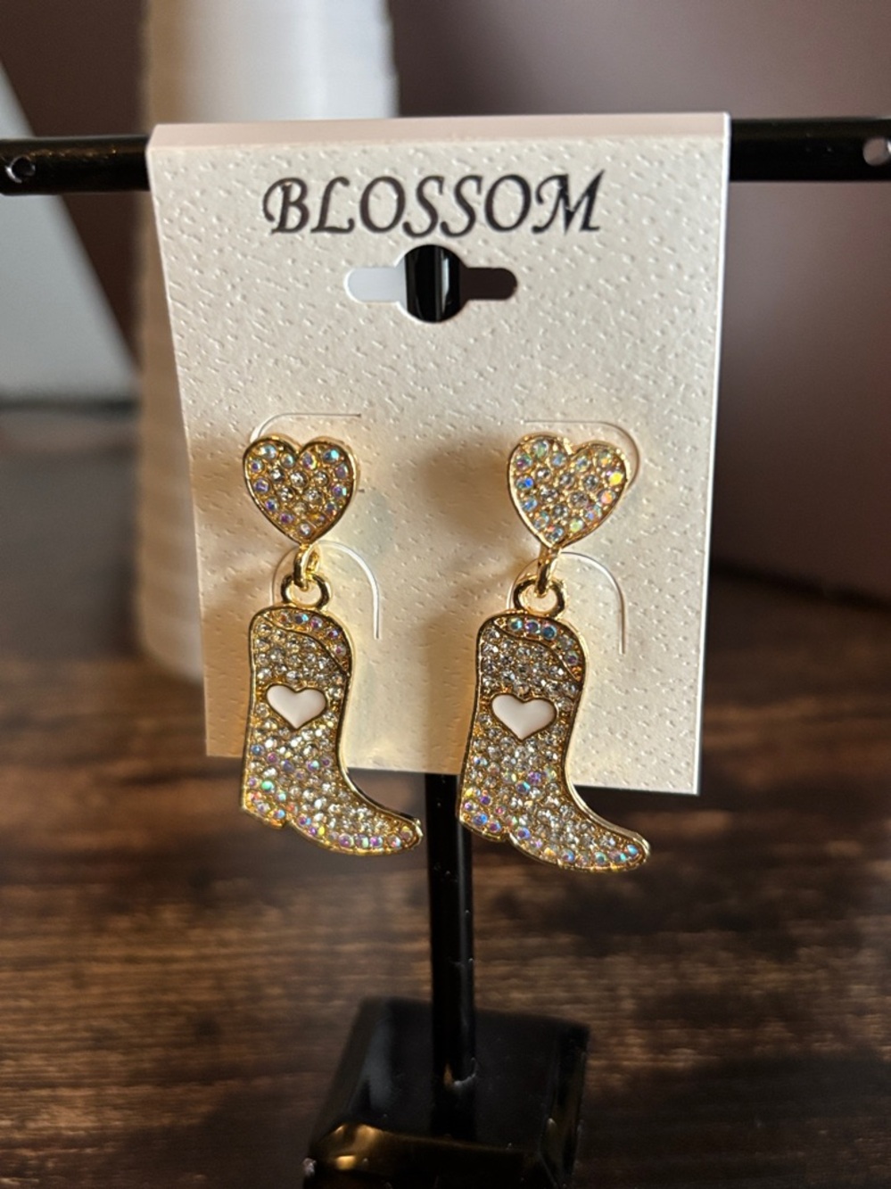 BLOSSOM Crystal Gold Tone Cowboy Boot Heart Drop Earrings